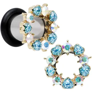 0 Gauge Aurora and Aqua Gem Heart Wreath Single Flare Tunnel Plug Set