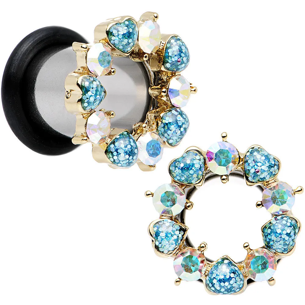 0 Gauge Aurora and Aqua Gem Heart Wreath Single Flare Tunnel Plug Set