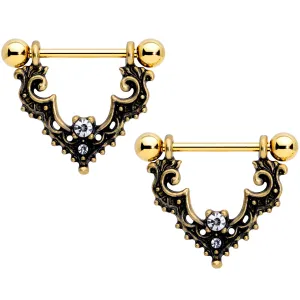 14 Gauge 9/16 Clear Gem Gold Tone Baroque Bat Nipple Shield Set