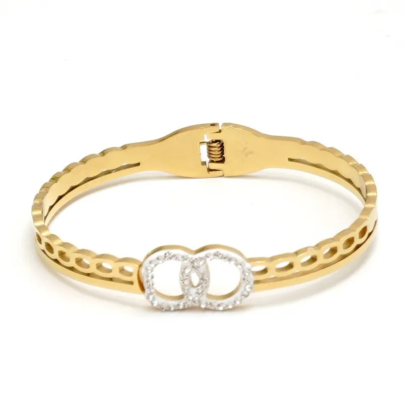 18K gold-plated stainless steel retro double ring full diamond crystal bracelet for Women