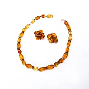 1950's Amber Art Glass Earrings and Necklace Set by Vogue Jewelry