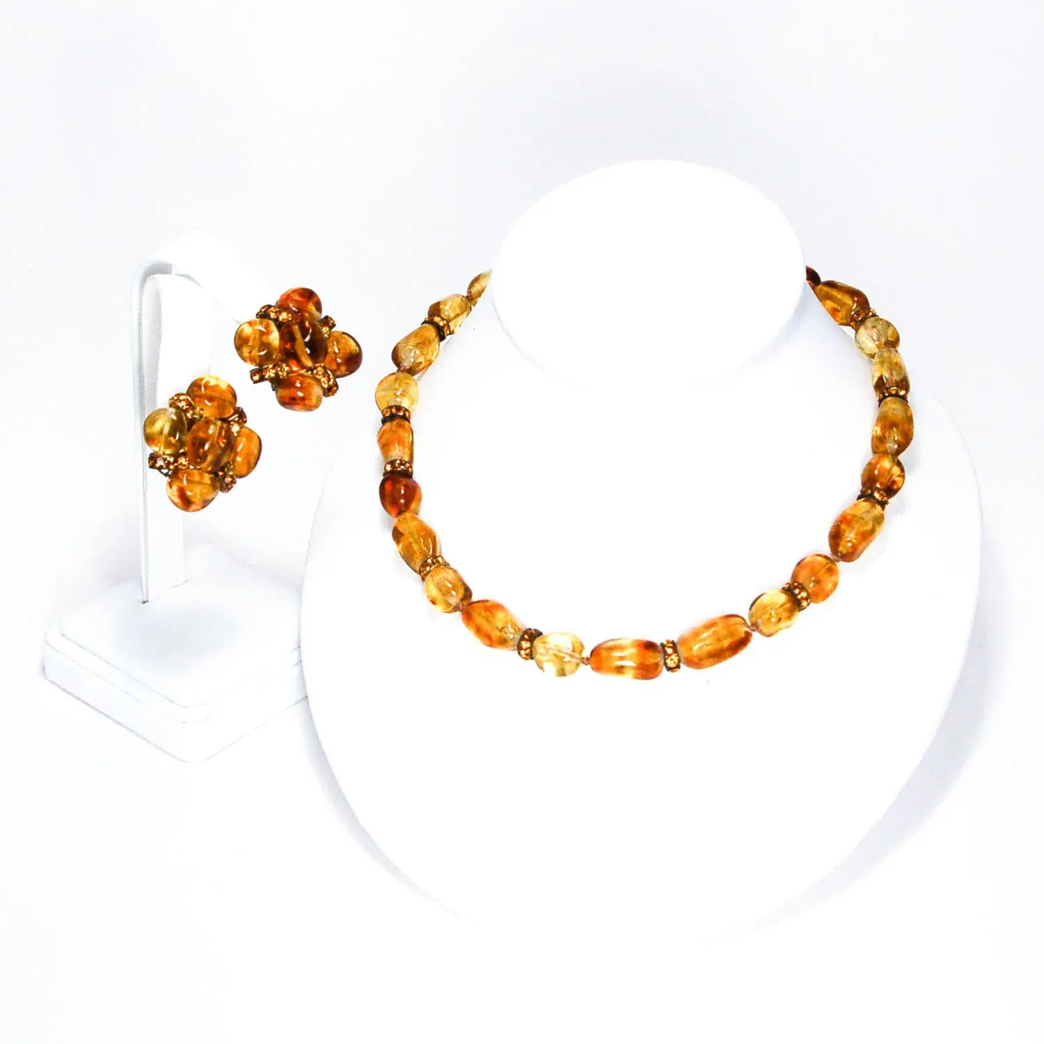 1950's Amber Art Glass Earrings and Necklace Set by Vogue Jewelry