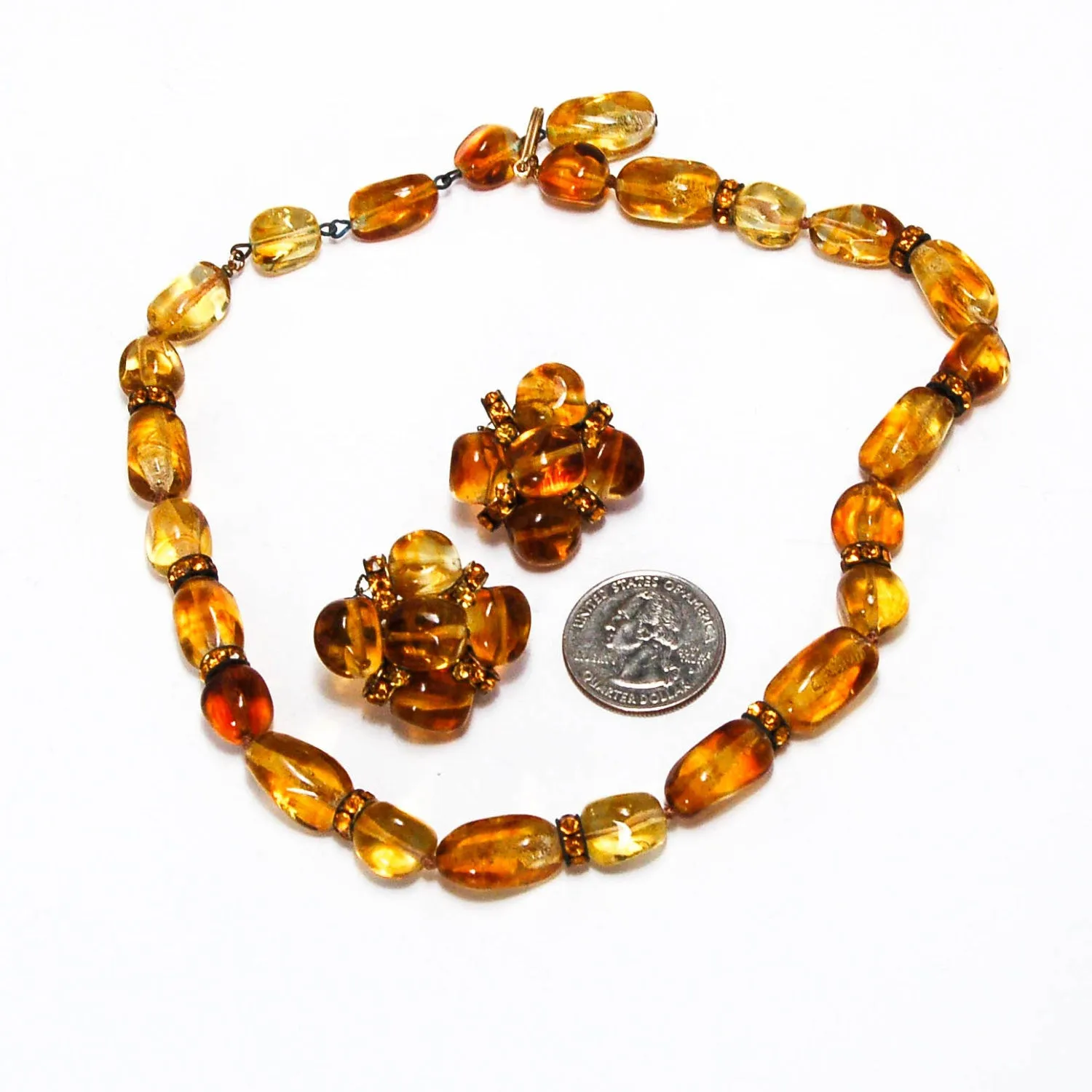 1950's Amber Art Glass Earrings and Necklace Set by Vogue Jewelry