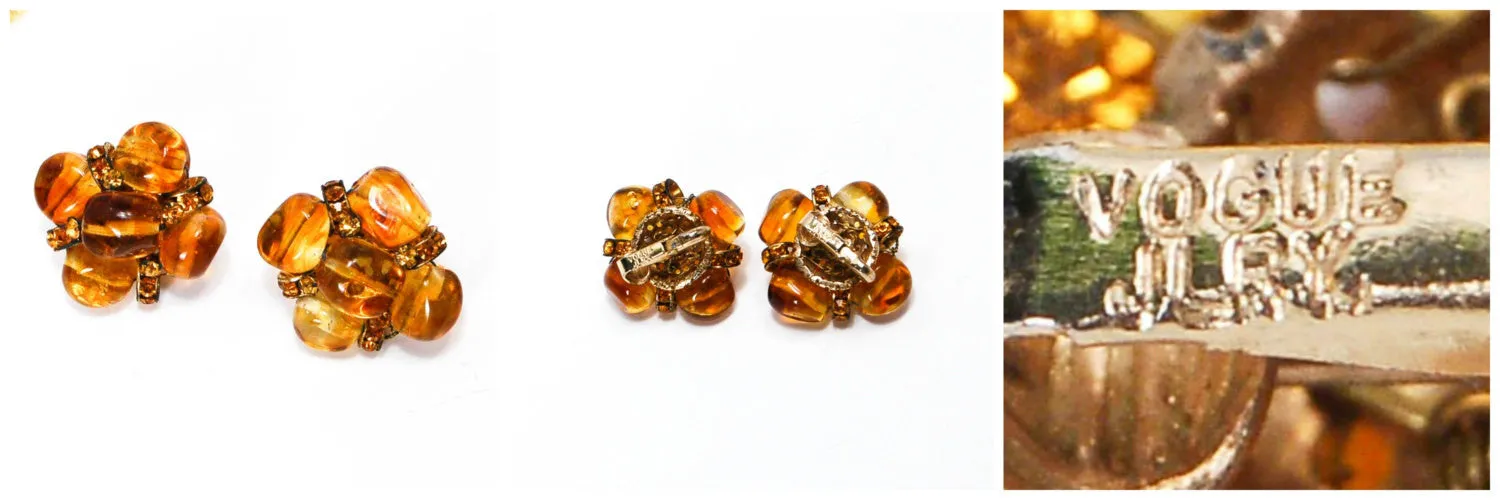 1950's Amber Art Glass Earrings and Necklace Set by Vogue Jewelry