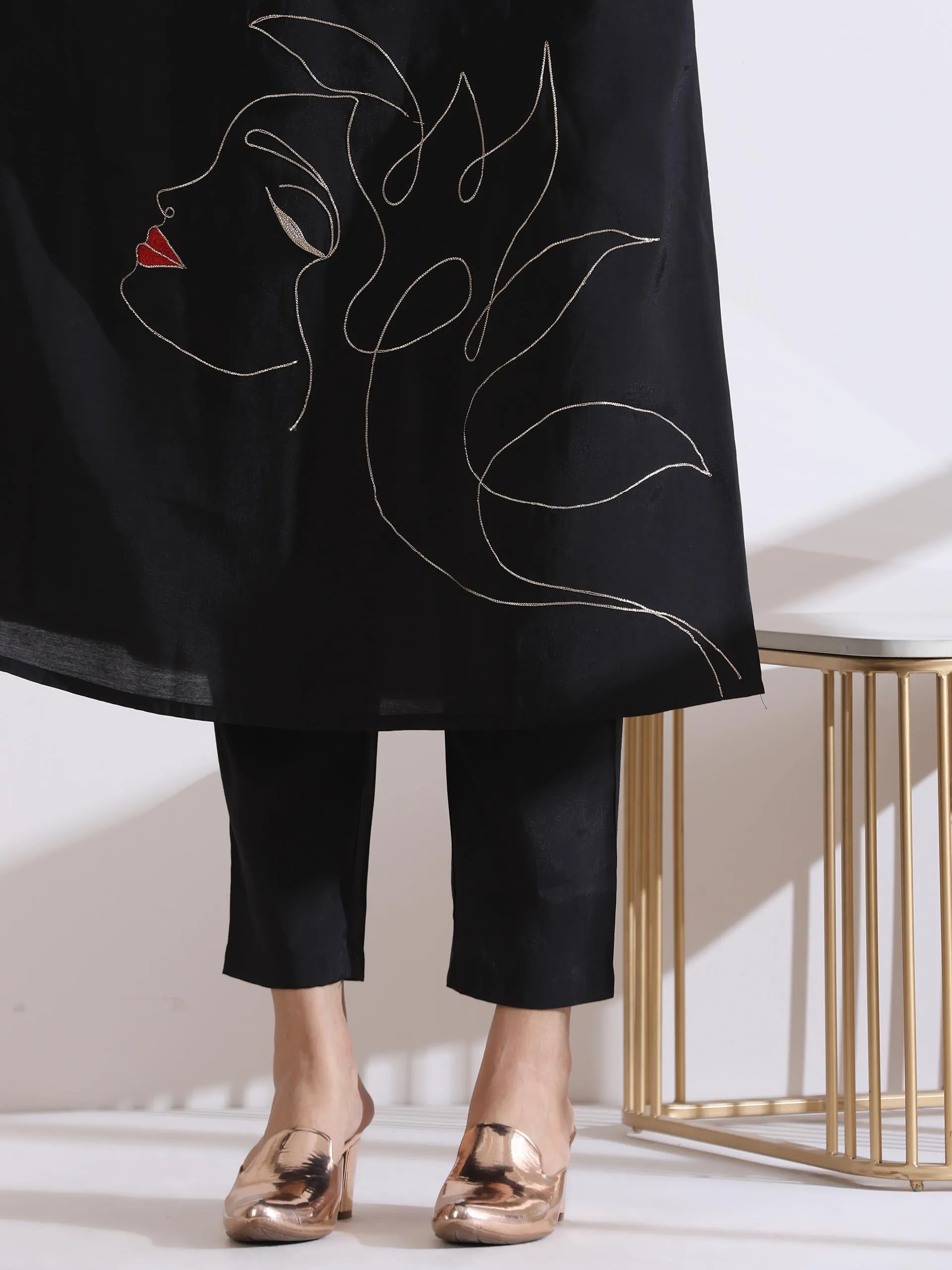 1Pc - Airskin Black Kurta With Girl Embroidery