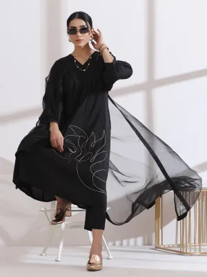 1Pc - Airskin Black Kurta With Girl Embroidery