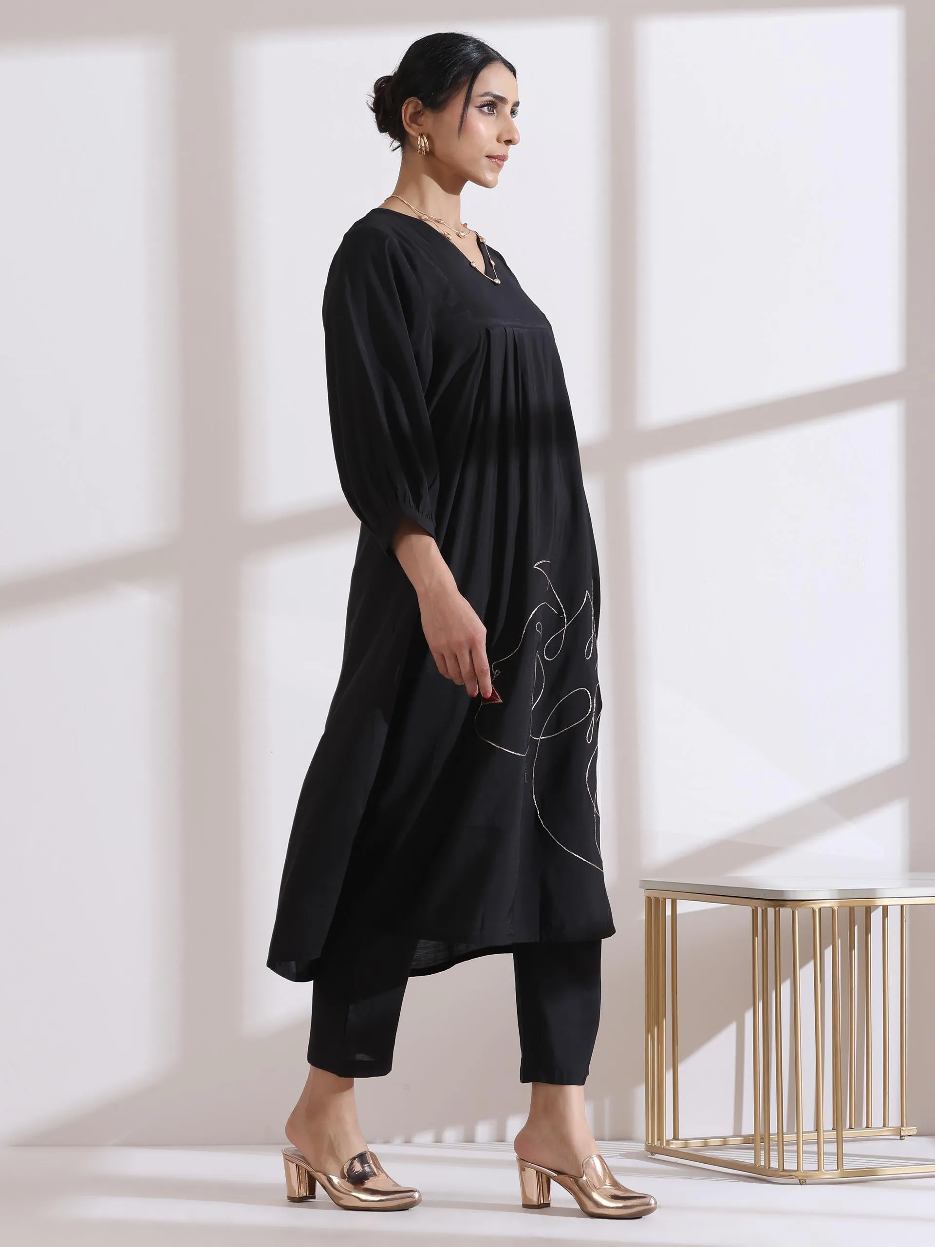 1Pc - Airskin Black Kurta With Girl Embroidery