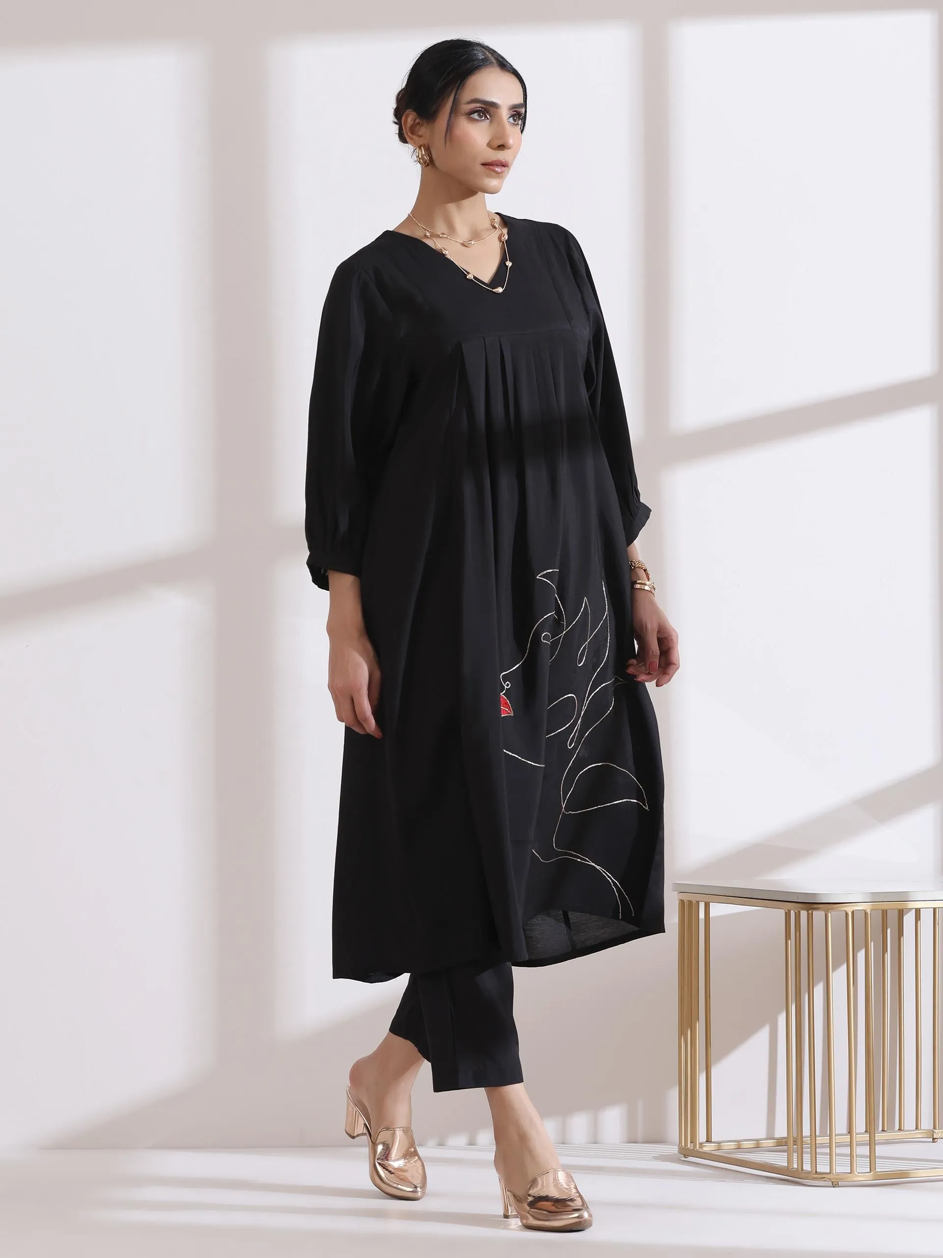 1Pc - Airskin Black Kurta With Girl Embroidery