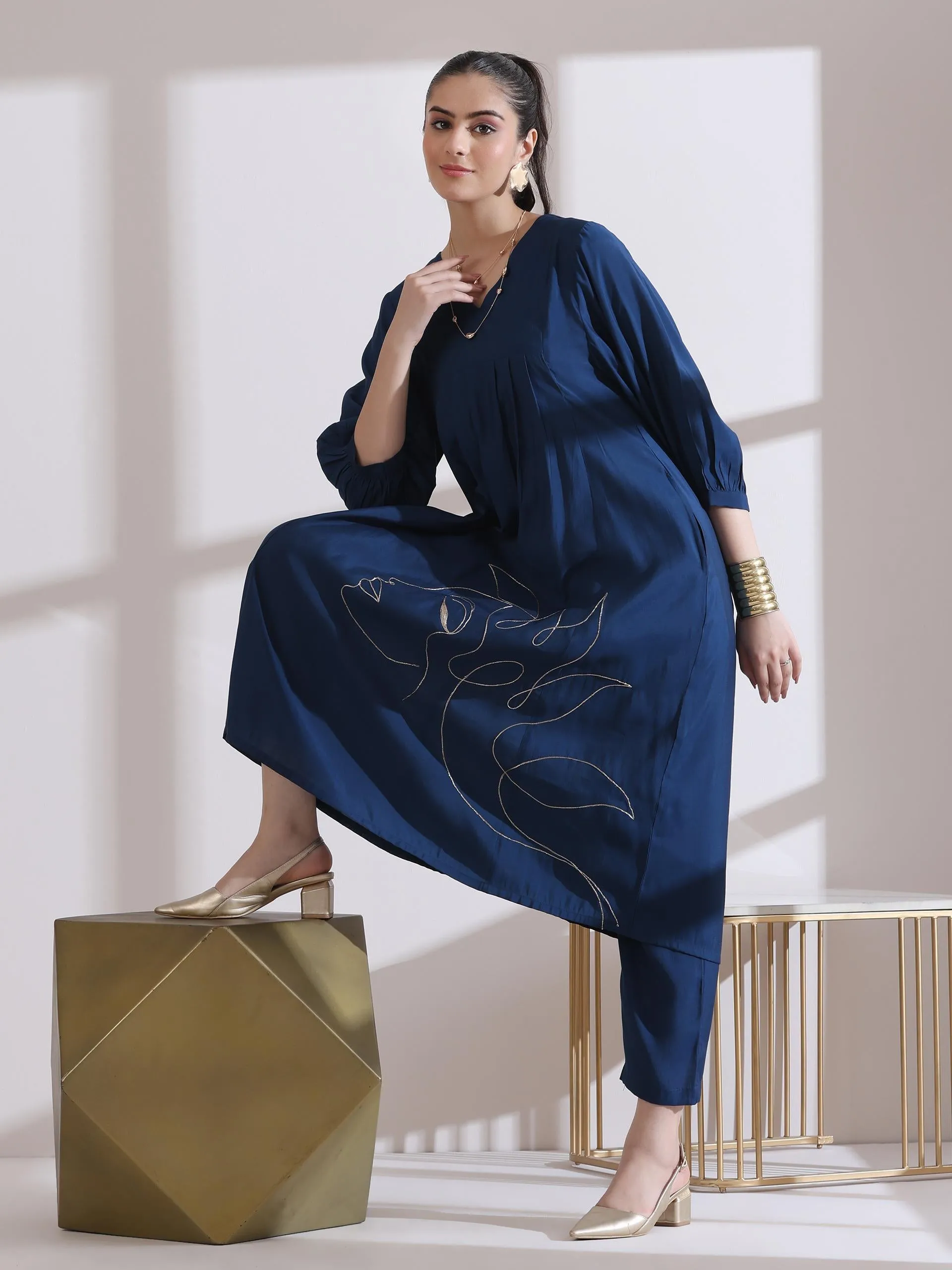 1Pc- Airskin Navy Blue Kurta With Girl Embroidery
