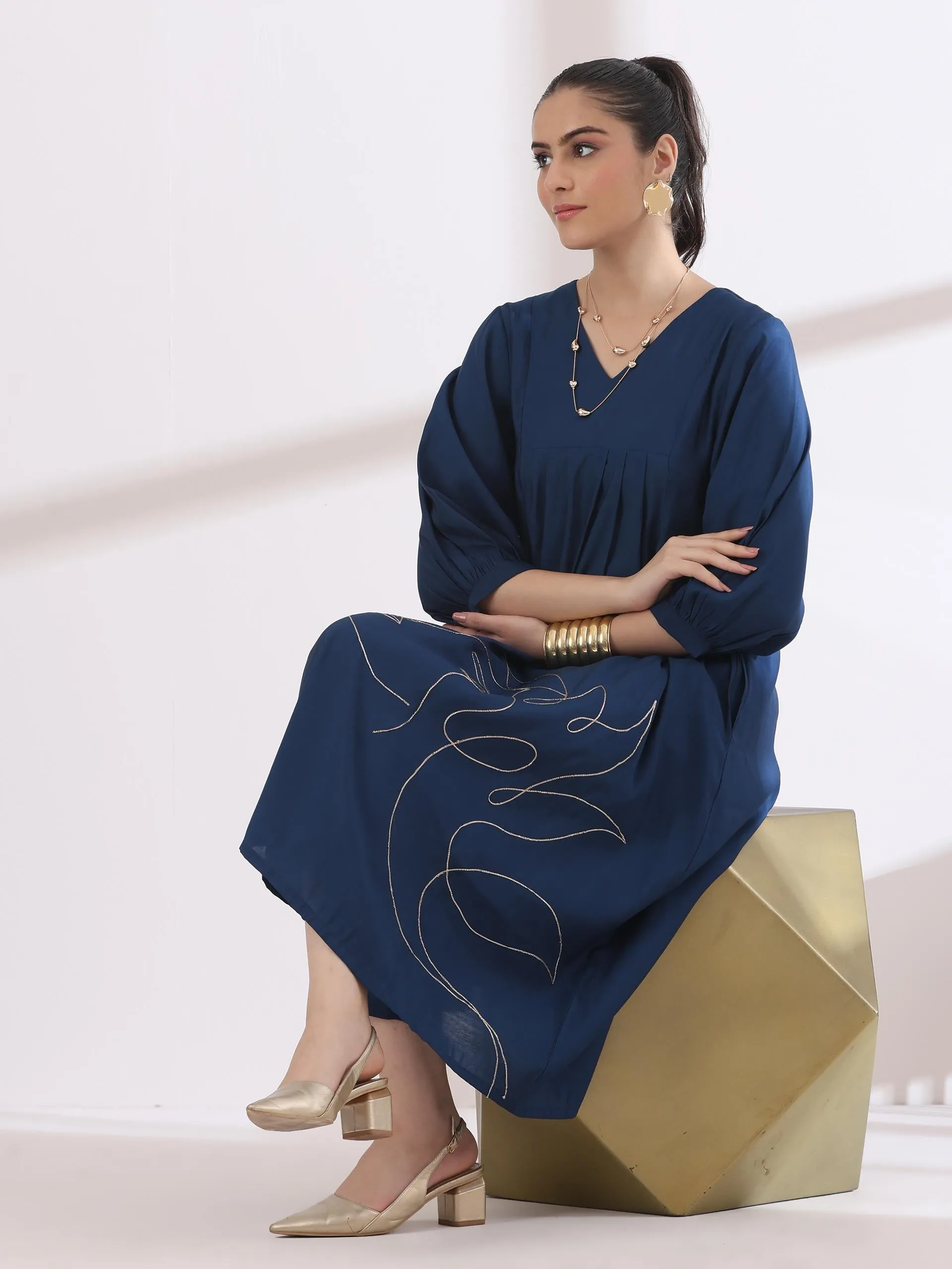 1Pc- Airskin Navy Blue Kurta With Girl Embroidery