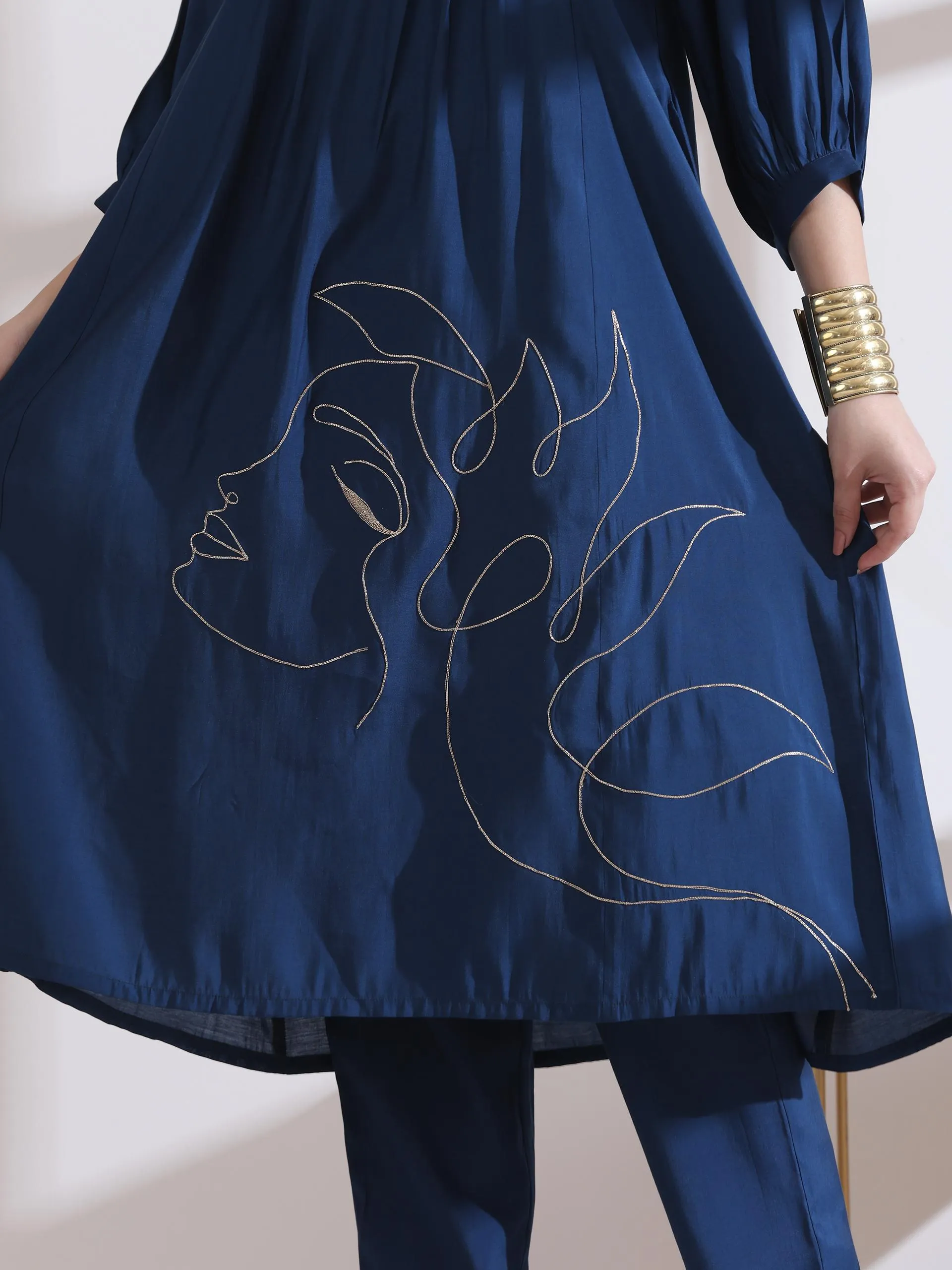 1Pc- Airskin Navy Blue Kurta With Girl Embroidery