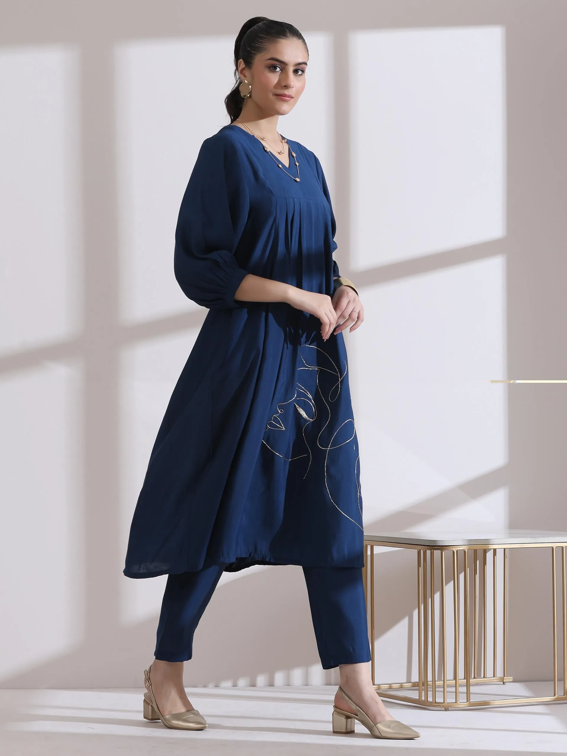 1Pc- Airskin Navy Blue Kurta With Girl Embroidery