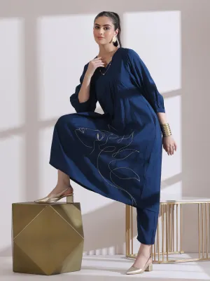 1Pc- Airskin Navy Blue Kurta With Girl Embroidery