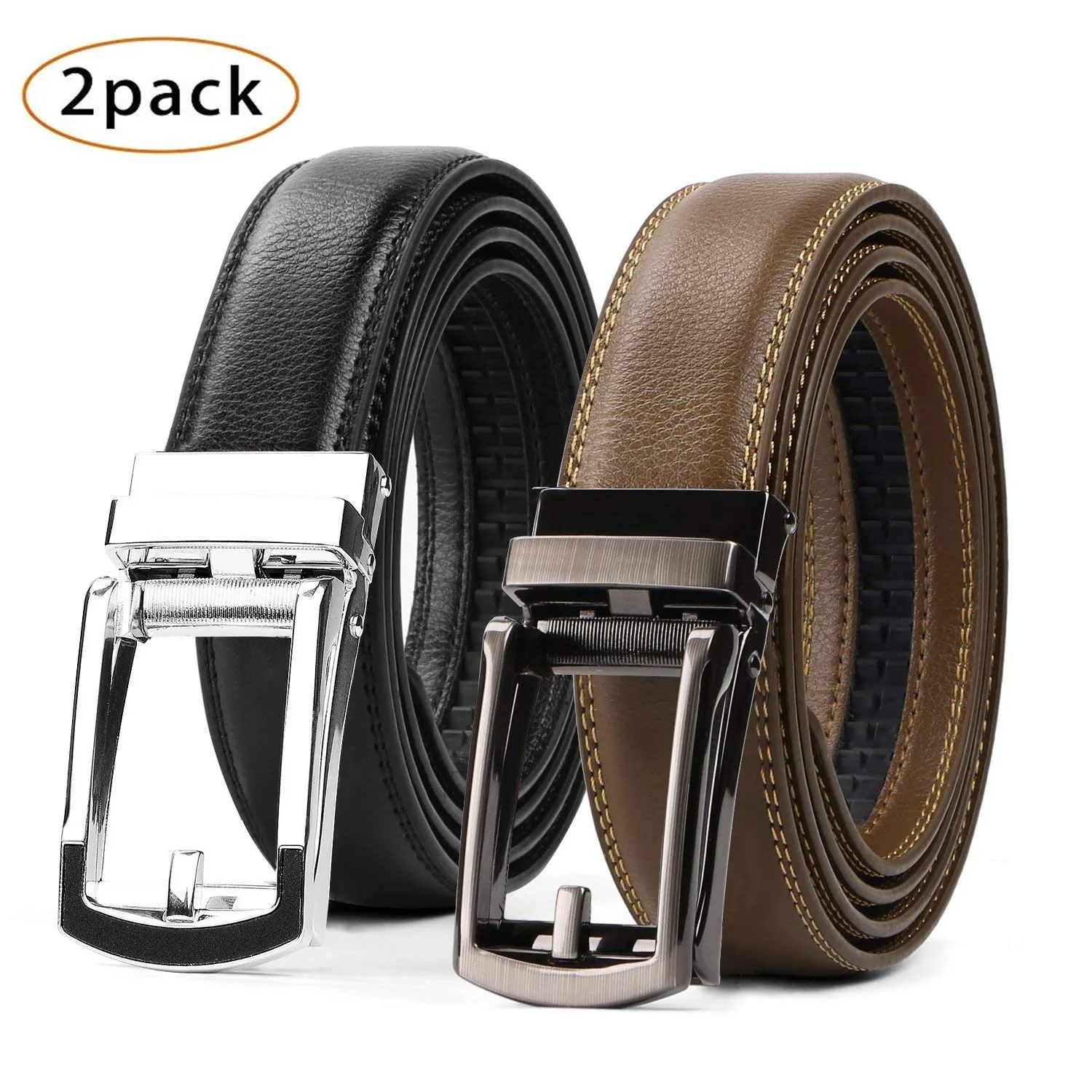 2 Pack Leather Ratchet Dress Belt  with Automatic Buckle for men