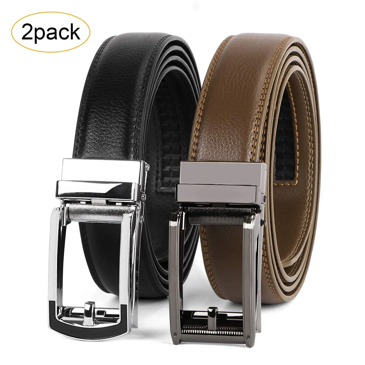 2 Pack Leather Ratchet Dress Belt  with Automatic Buckle for men