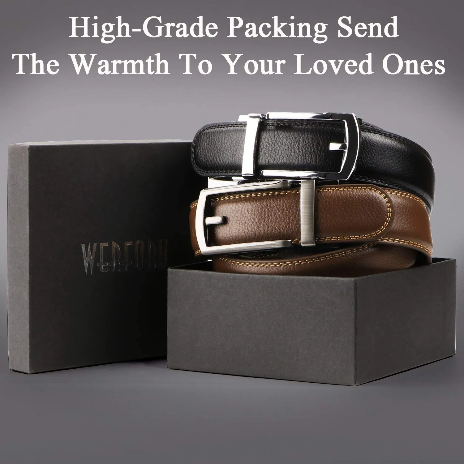2 Pack Leather Ratchet Dress Belt  with Automatic Buckle for men