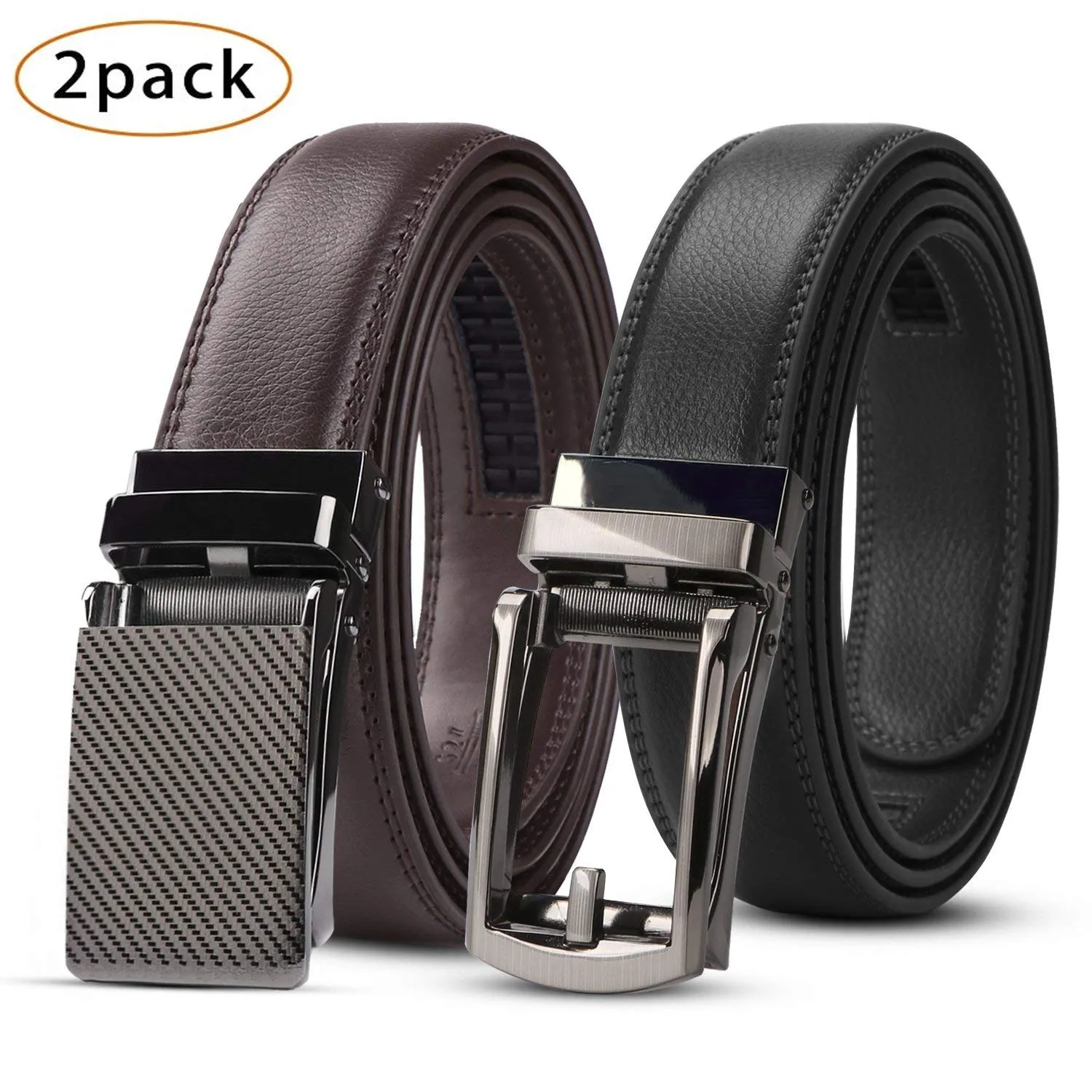 2 Pack Leather Ratchet Dress Belt  with Automatic Buckle for men