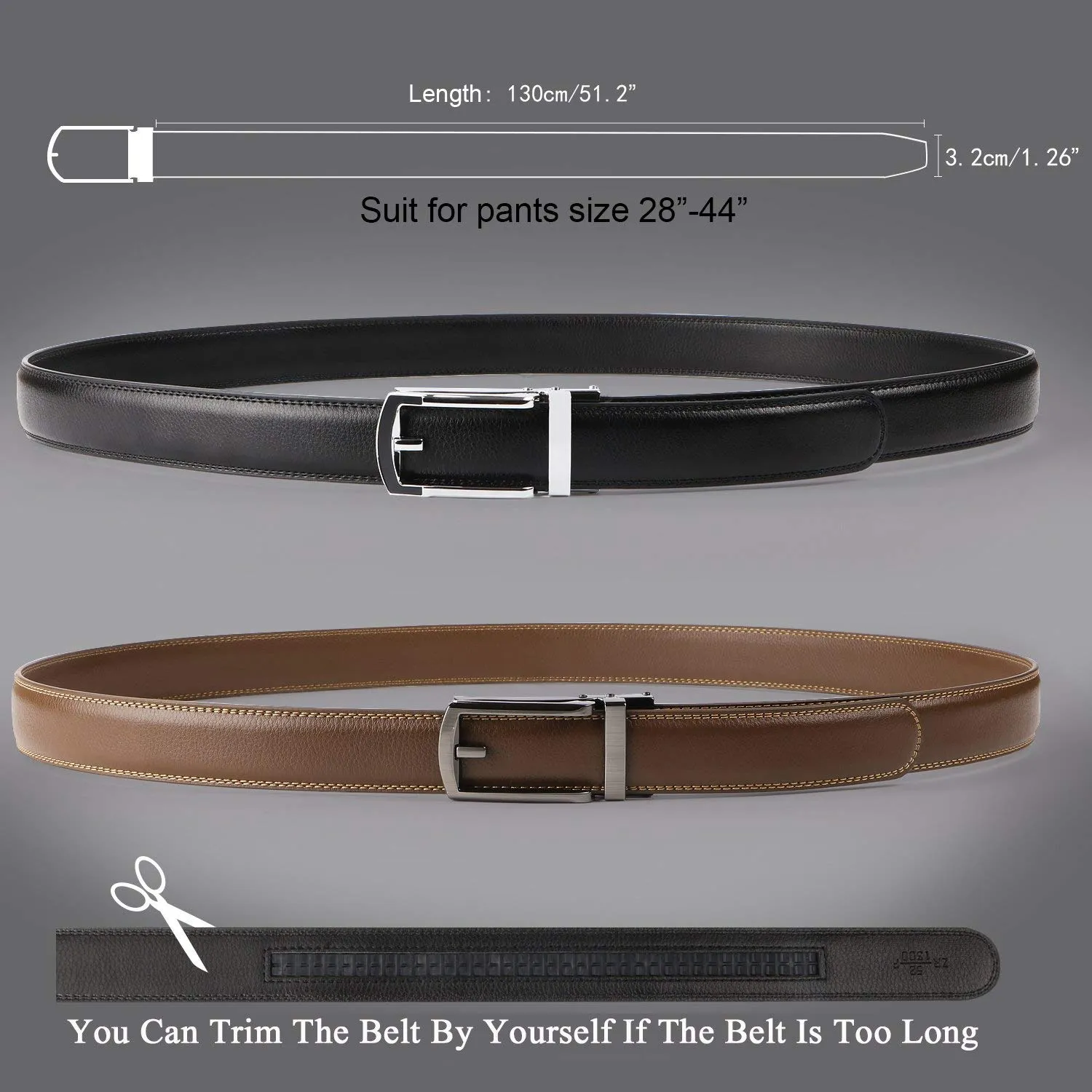 2 Pack Leather Ratchet Dress Belt  with Automatic Buckle for men