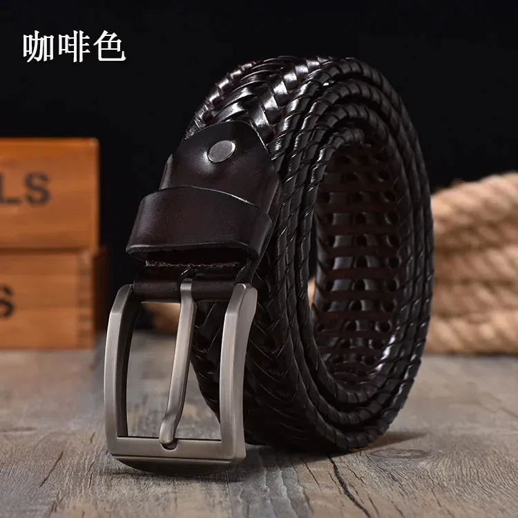 2022 New Design Hand Woven Belt Men Retro Pure Leather 4cm Wide Casual Needle Buckle Clothing Fashion Brown Accessories Denim