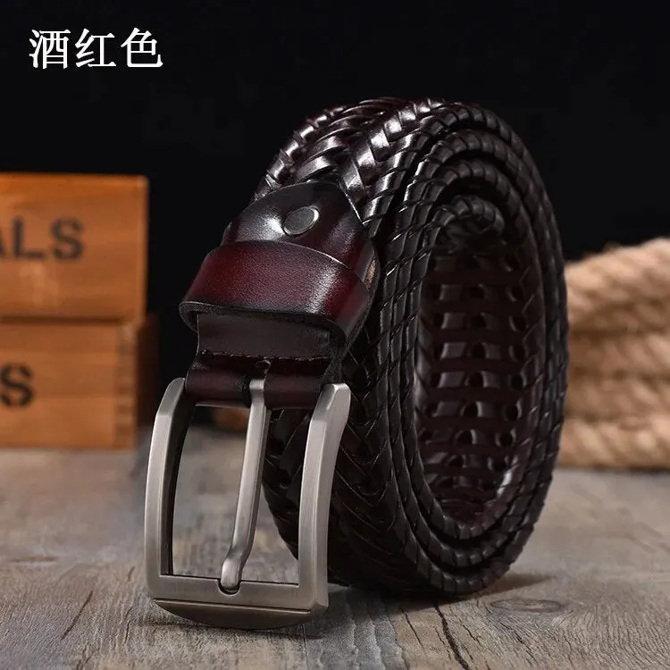 2022 New Design Hand Woven Belt Men Retro Pure Leather 4cm Wide Casual Needle Buckle Clothing Fashion Brown Accessories Denim