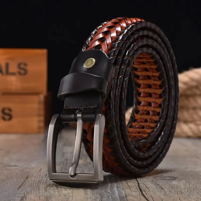 2022 New Design Hand Woven Belt Men Retro Pure Leather 4cm Wide Casual Needle Buckle Clothing Fashion Brown Accessories Denim