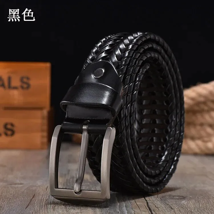 2022 New Design Hand Woven Belt Men Retro Pure Leather 4cm Wide Casual Needle Buckle Clothing Fashion Brown Accessories Denim