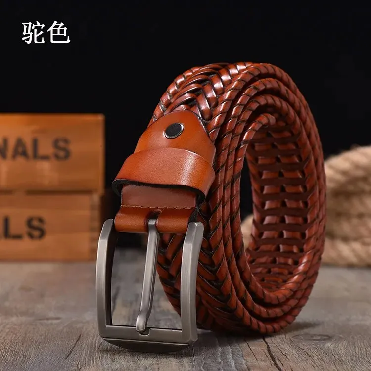 2022 New Design Hand Woven Belt Men Retro Pure Leather 4cm Wide Casual Needle Buckle Clothing Fashion Brown Accessories Denim