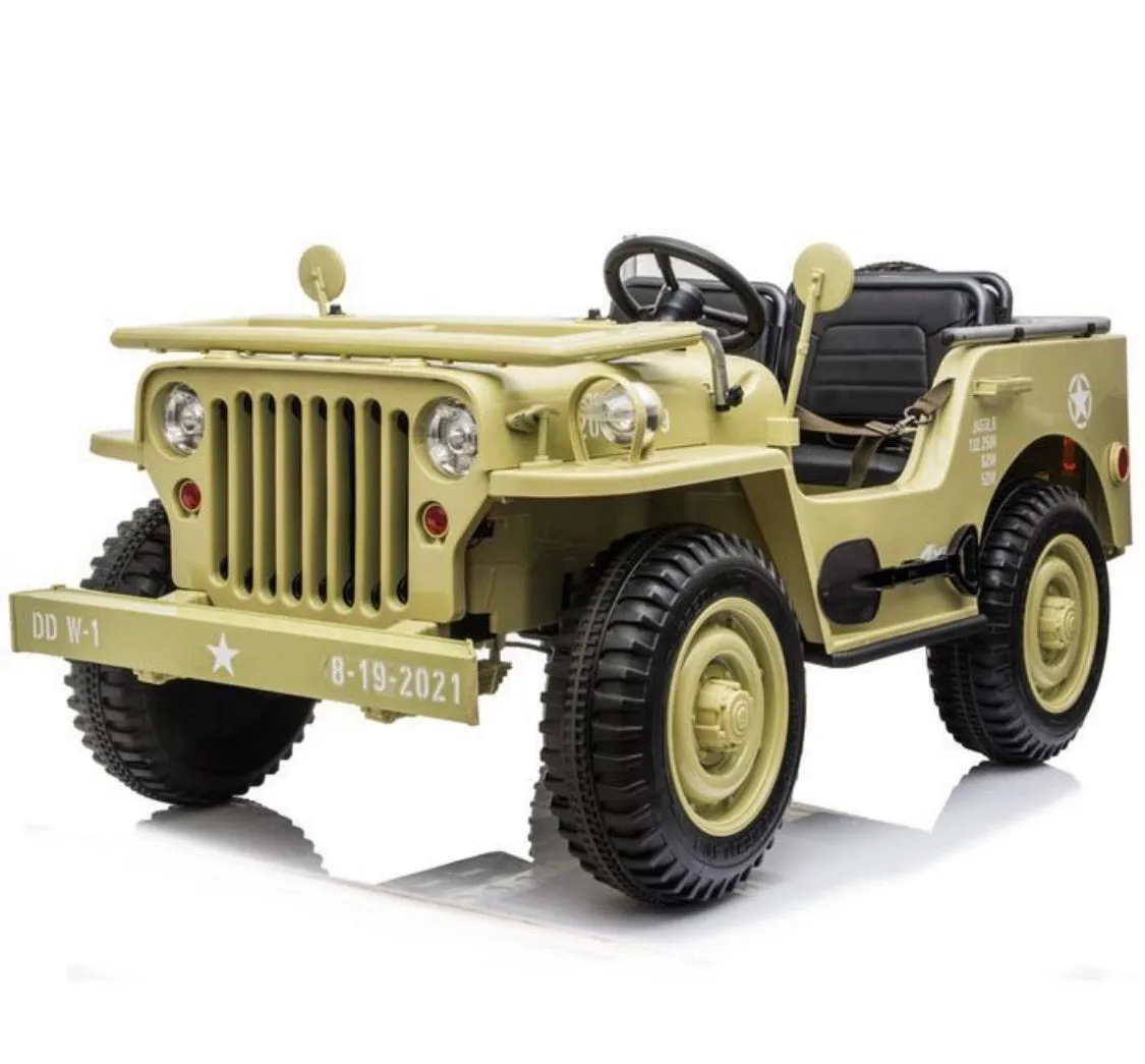 2025 Military / Army 24V Willy 4x4 Jeep Style Truck Upgraded | 3 Seater Kids Ride-On | Leather Seats | Rubber Tires | Remote