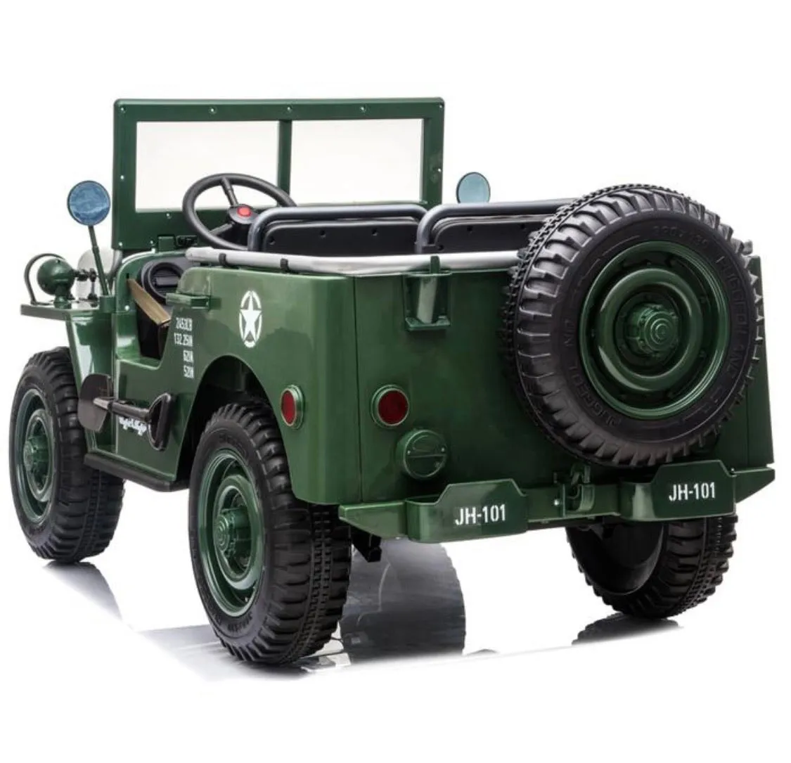 2025 Military / Army 24V Willy 4x4 Jeep Style Truck Upgraded | 3 Seater Kids Ride-On | Leather Seats | Rubber Tires | Remote