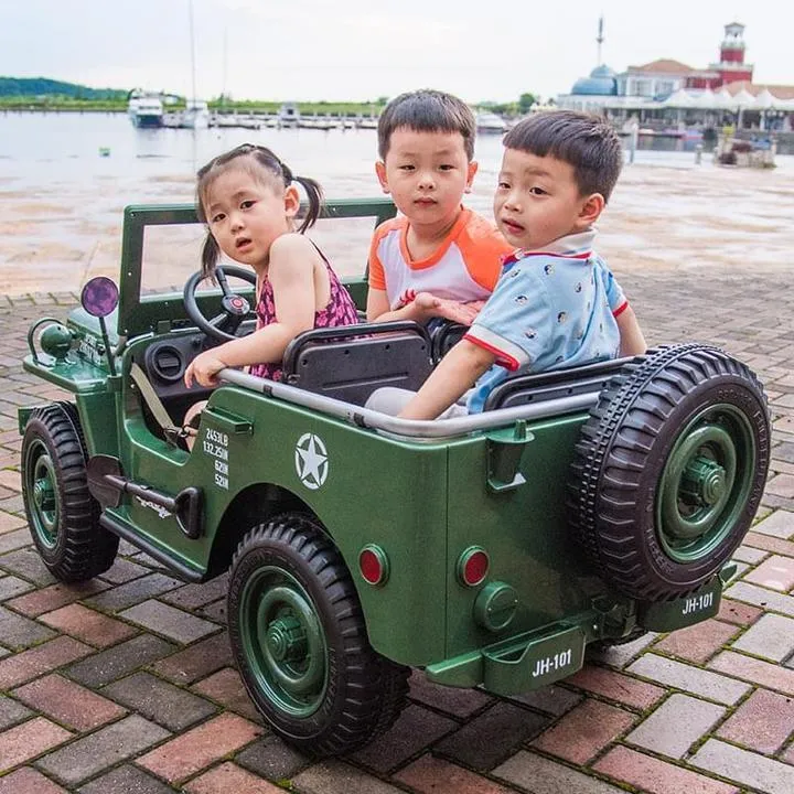 2025 Military / Army 24V Willy 4x4 Jeep Style Truck Upgraded | 3 Seater Kids Ride-On | Leather Seats | Rubber Tires | Remote