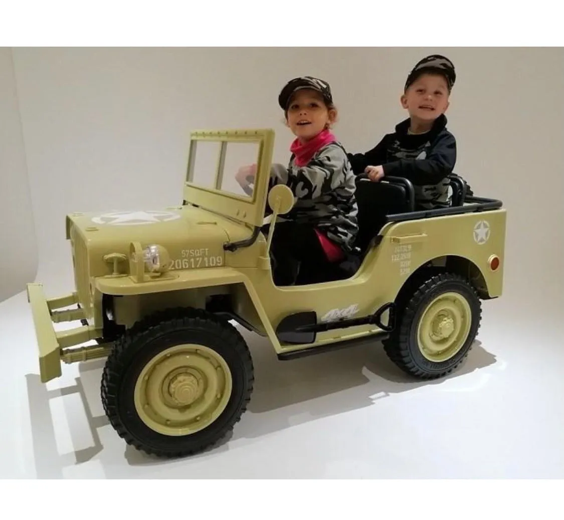 2025 Military / Army 24V Willy 4x4 Jeep Style Truck Upgraded | 3 Seater Kids Ride-On | Leather Seats | Rubber Tires | Remote
