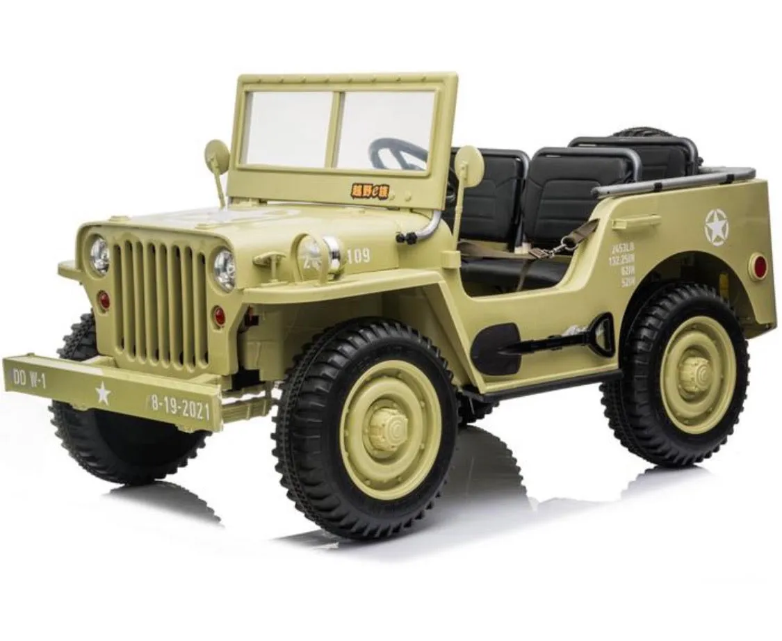 2025 Military / Army 24V Willy 4x4 Jeep Style Truck Upgraded | 3 Seater Kids Ride-On | Leather Seats | Rubber Tires | Remote