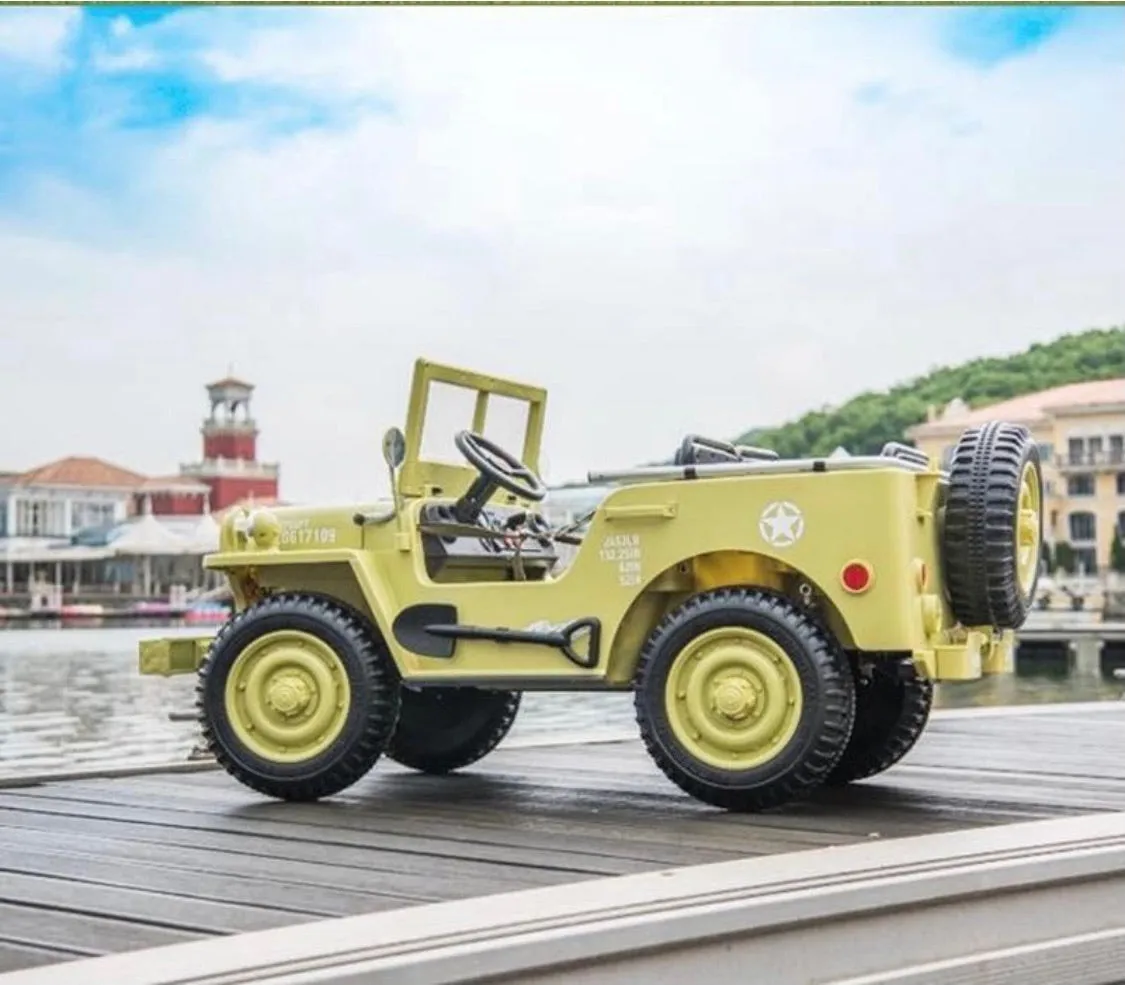 2025 Military / Army 24V Willy 4x4 Jeep Style Truck Upgraded | 3 Seater Kids Ride-On | Leather Seats | Rubber Tires | Remote