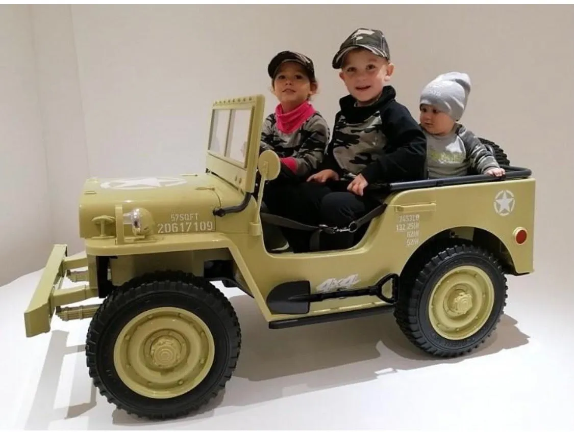 2025 Military / Army 24V Willy 4x4 Jeep Style Truck Upgraded | 3 Seater Kids Ride-On | Leather Seats | Rubber Tires | Remote