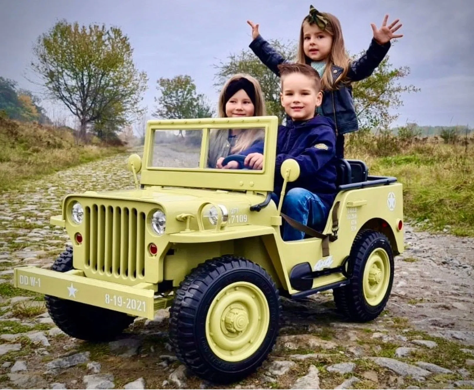 2025 Military / Army 24V Willy 4x4 Jeep Style Truck Upgraded | 3 Seater Kids Ride-On | Leather Seats | Rubber Tires | Remote