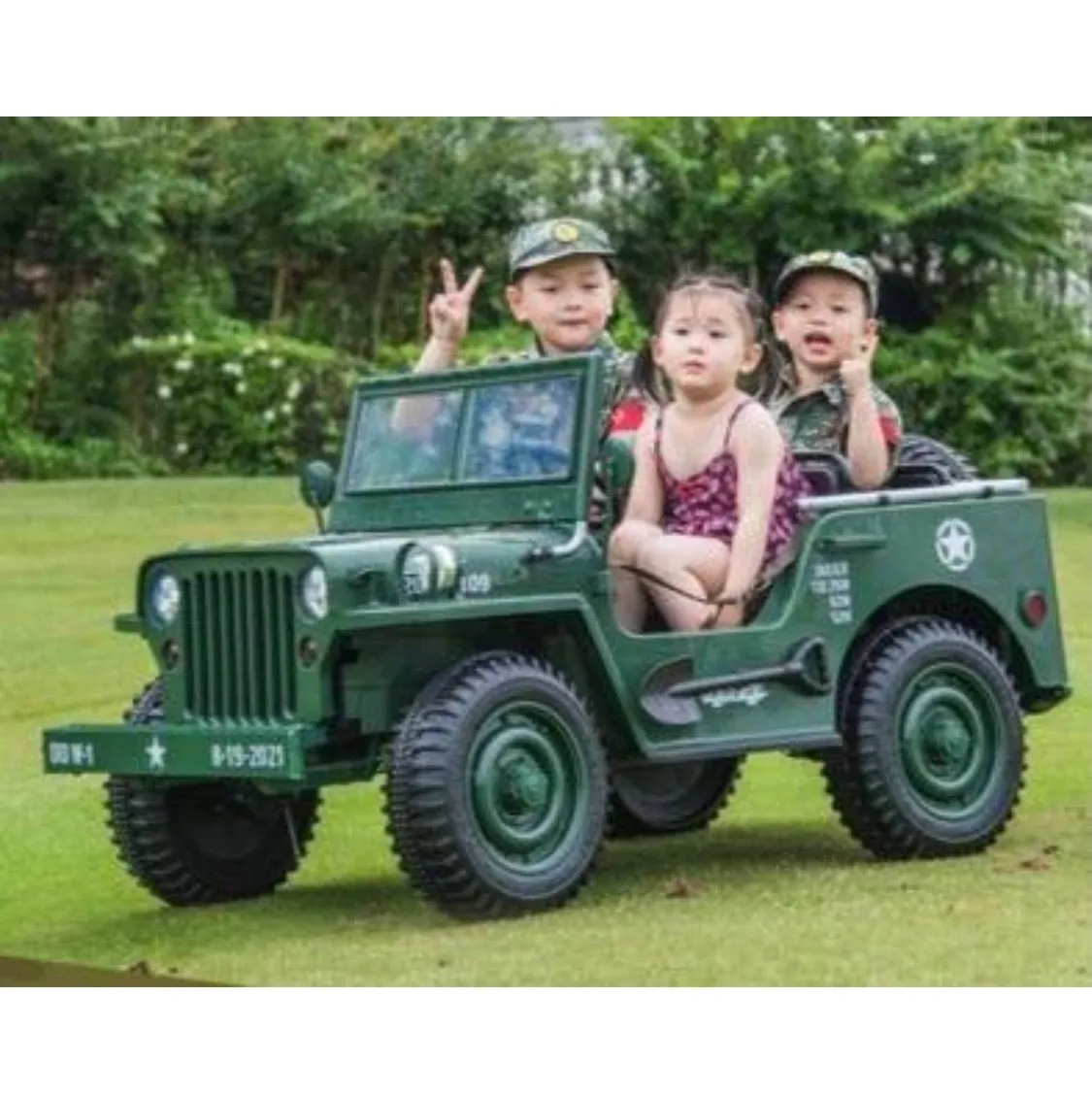 2025 Military / Army 24V Willy 4x4 Jeep Style Truck Upgraded | 3 Seater Kids Ride-On | Leather Seats | Rubber Tires | Remote