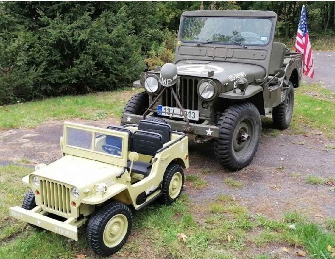 2025 Military / Army 24V Willy 4x4 Jeep Style Truck Upgraded | 3 Seater Kids Ride-On | Leather Seats | Rubber Tires | Remote
