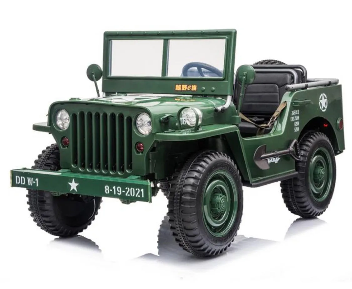 2025 Military / Army 24V Willy 4x4 Jeep Style Truck Upgraded | 3 Seater Kids Ride-On | Leather Seats | Rubber Tires | Remote