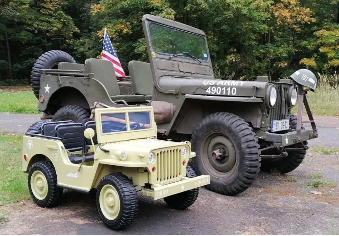 2025 Military / Army 24V Willy 4x4 Jeep Style Truck Upgraded | 3 Seater Kids Ride-On | Leather Seats | Rubber Tires | Remote
