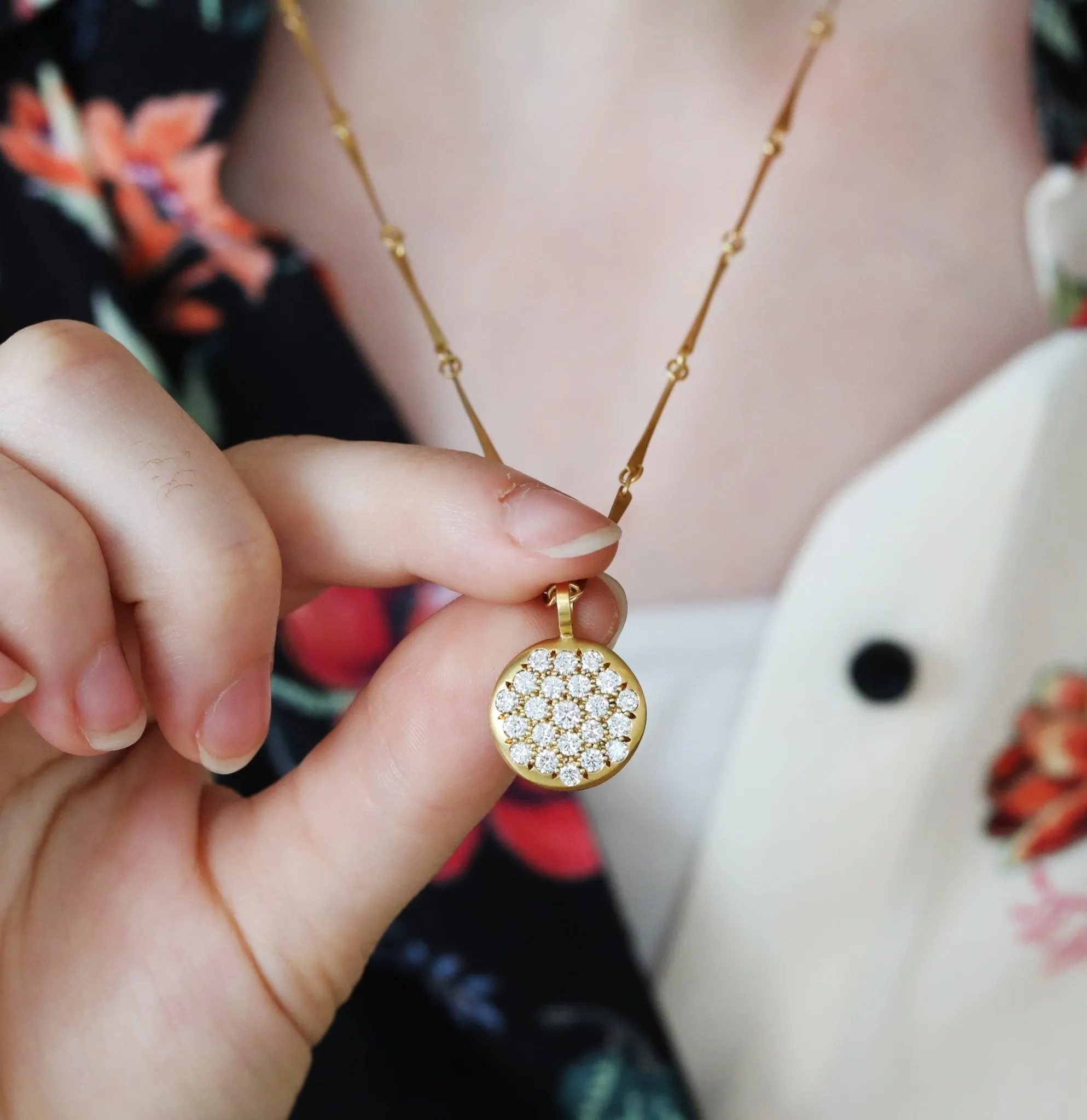 20K Gold and Pave Diamond Large "Lentil" Pendant
