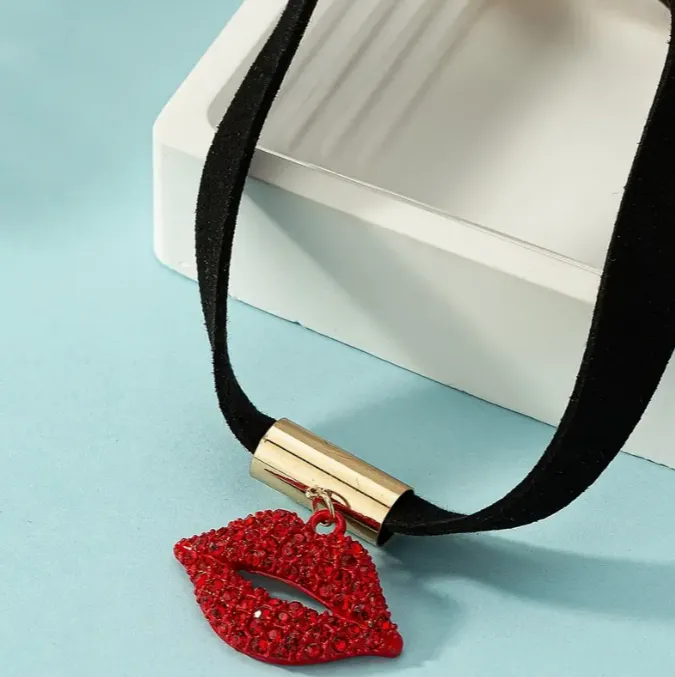 A Sexy and Powerful RED Rhinestone Lips Choker Necklace with Black Velvet/Suede Chain