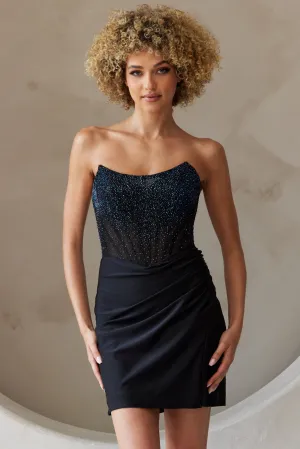 AC 3021S - Short Strapless Satin Fitted Homecoming Dress with Rhinestone Corset Bodice & Leg Slid