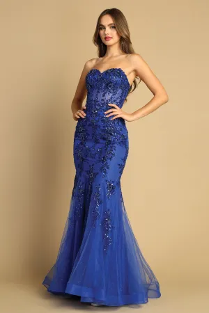 AD 3080 - Beaded Lace Embellished Strapless Fit & Flare Prom Gown With Sheer Boned Bodice & Open Lace up Back