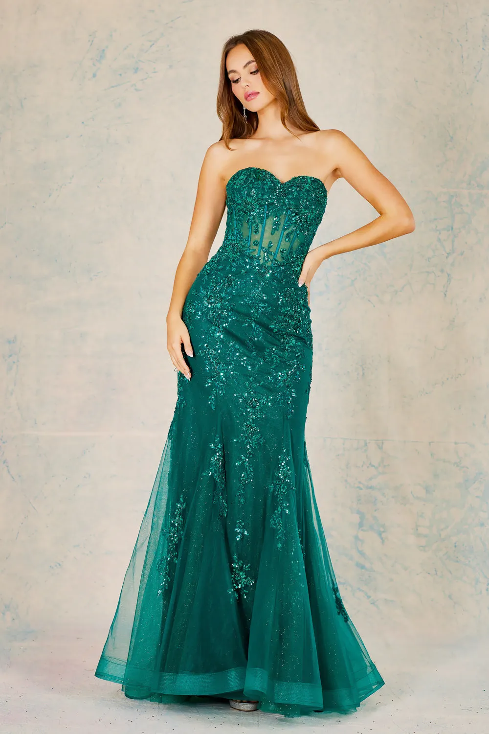 AD 3080 - Beaded Lace Embellished Strapless Fit & Flare Prom Gown With Sheer Boned Bodice & Open Lace up Back