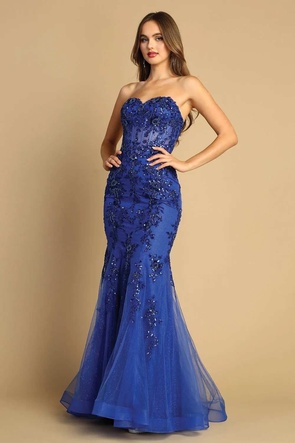 AD 3080 - Beaded Lace Embellished Strapless Fit & Flare Prom Gown With Sheer Boned Bodice & Open Lace up Back