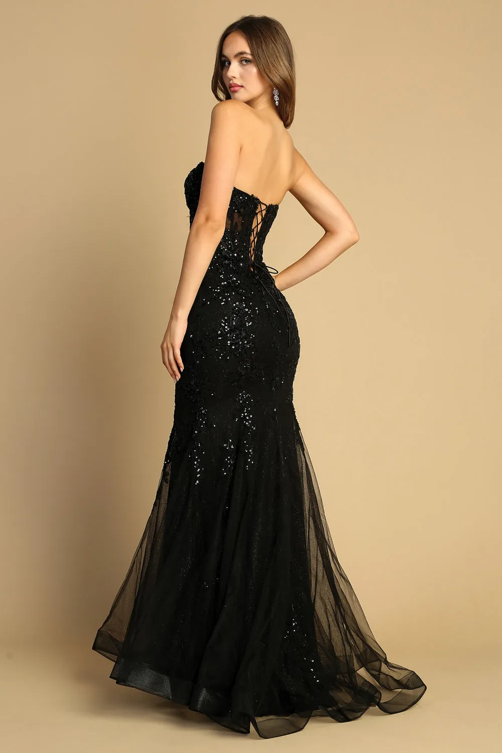AD 3080 - Beaded Lace Embellished Strapless Fit & Flare Prom Gown With Sheer Boned Bodice & Open Lace up Back