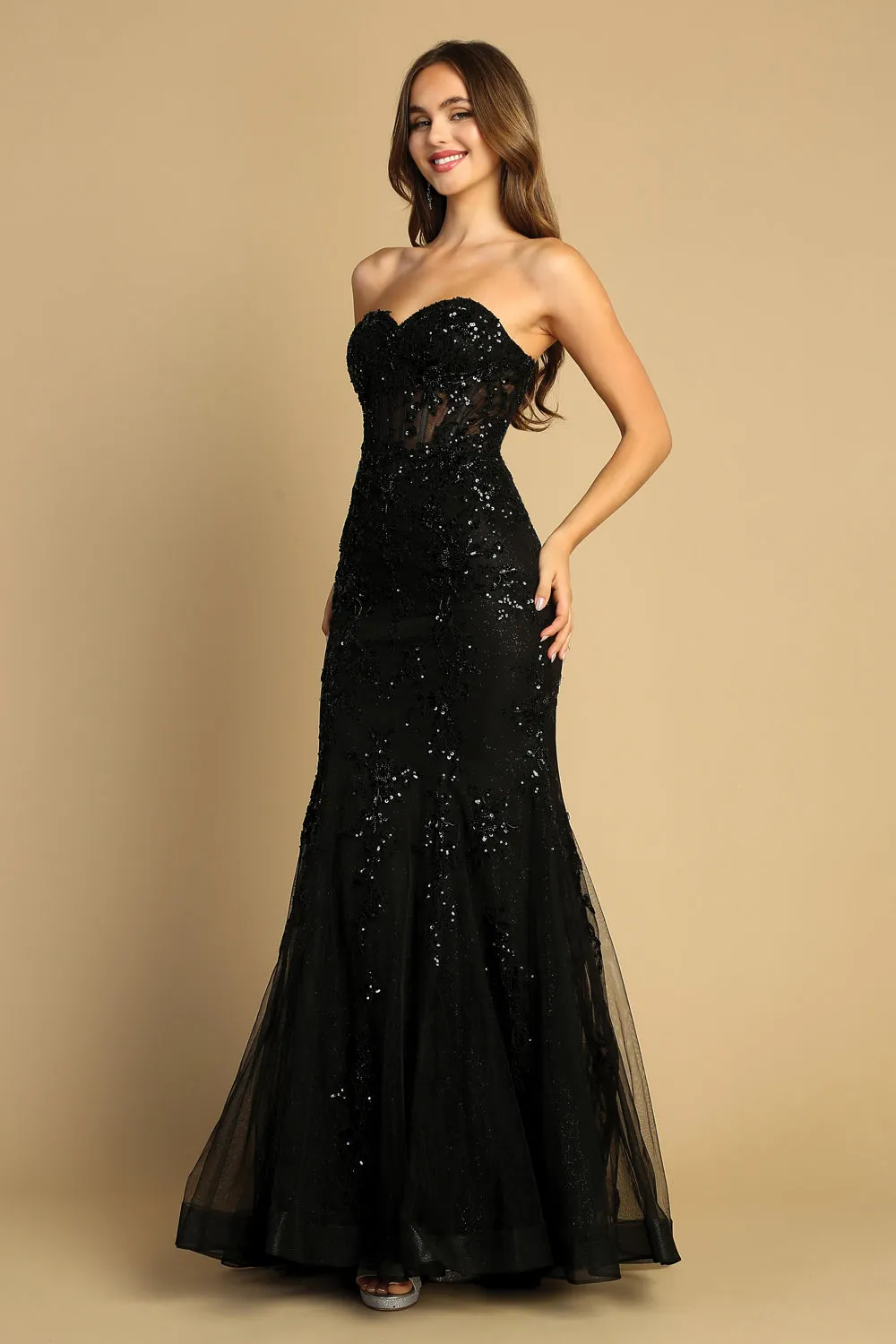 AD 3080 - Beaded Lace Embellished Strapless Fit & Flare Prom Gown With Sheer Boned Bodice & Open Lace up Back