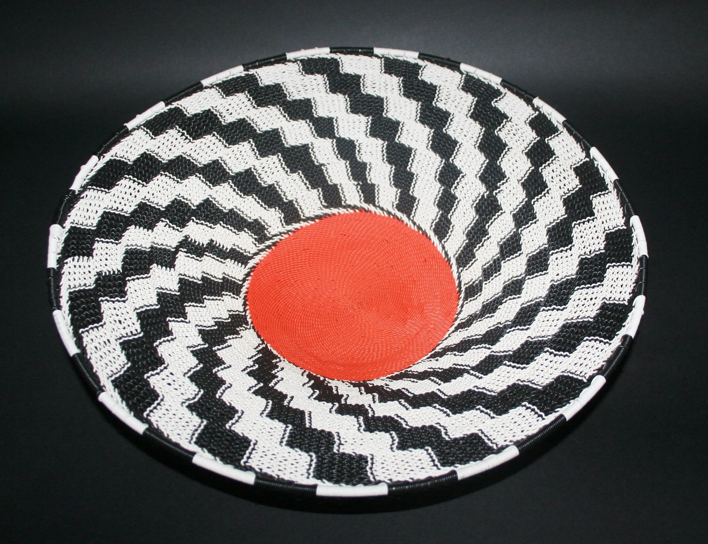 African Telephone Wire Bowl Zulu Basket Black White Orange- 14"D X 4"H