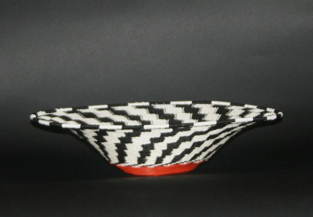 African Telephone Wire Bowl Zulu Basket Black White Orange- 14"D X 4"H