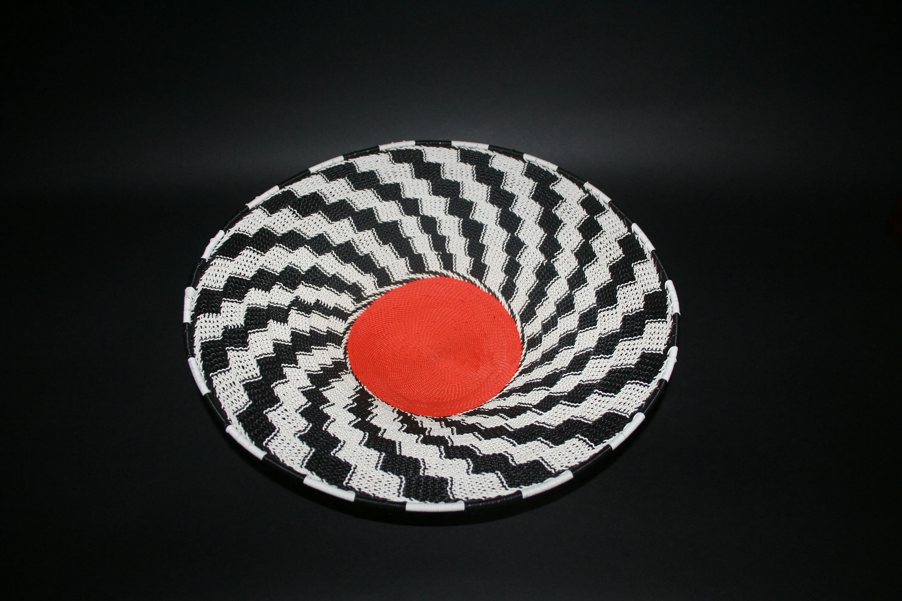 African Telephone Wire Bowl Zulu Basket Black White Orange- 14"D X 4"H